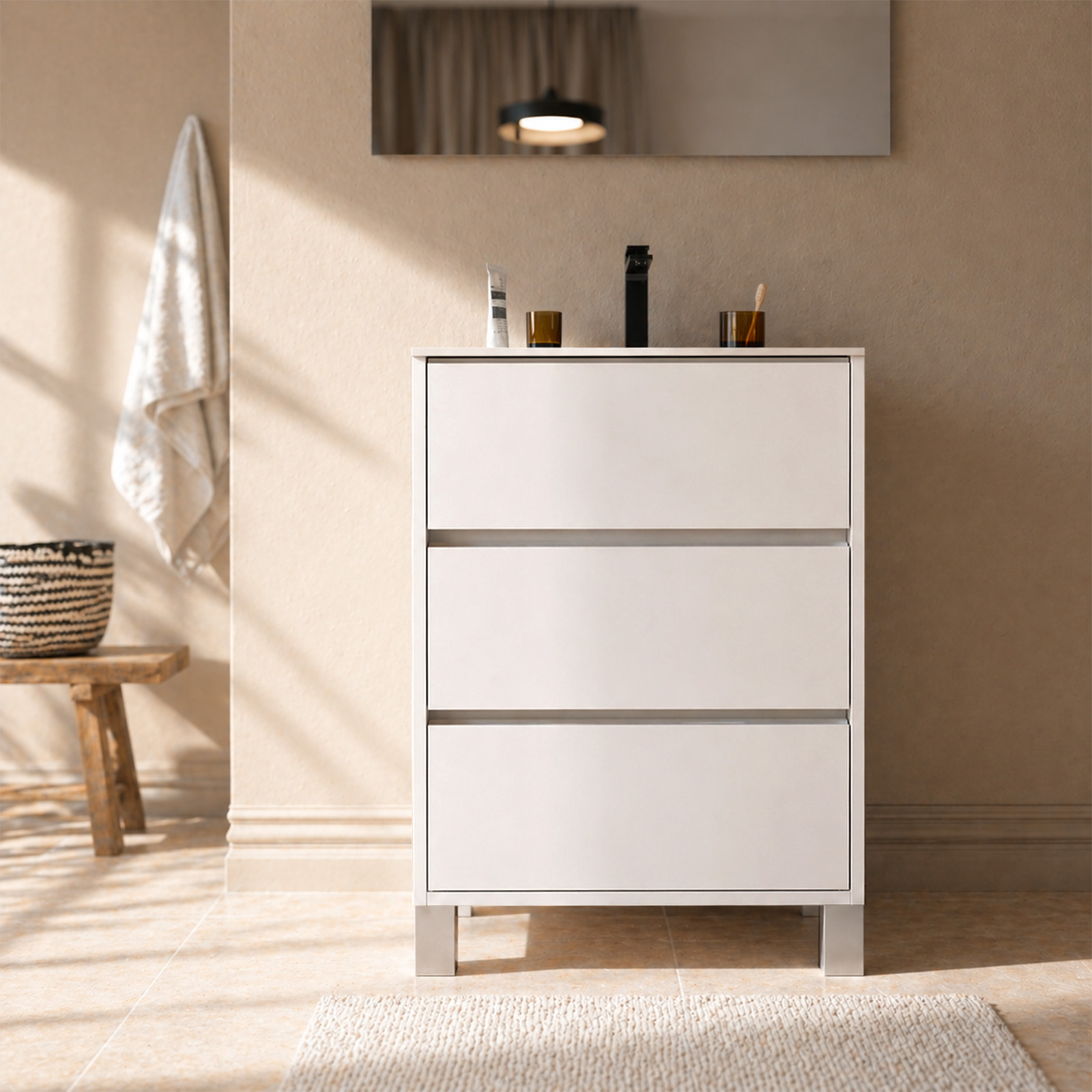 Pack mueble de baño 50cm blanco lacado 3 cajones con lavabo de cerámica
