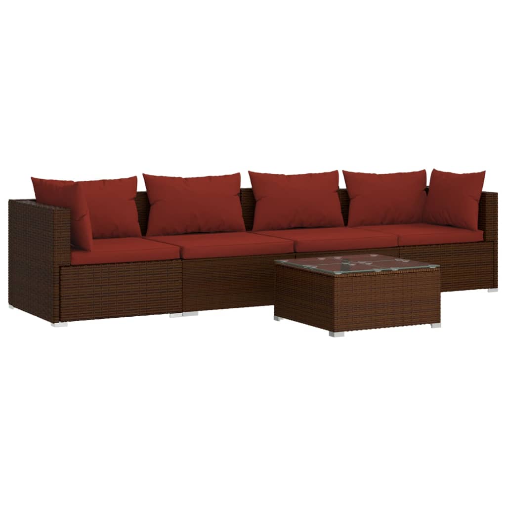 vidaXL set sofás de jardín 5 piezas y cojines ratán sintético marrón