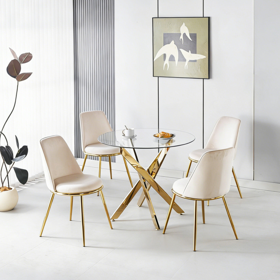 Mesa de comedor con 4 sillas tapizadas terciopelo blanco crema