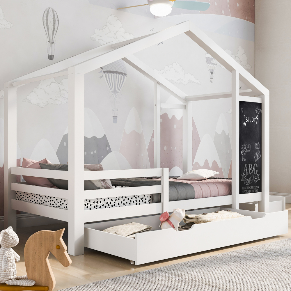 Cama infantil casita 90x200cm con pizarra y 2 cajones madera maciza blanco
