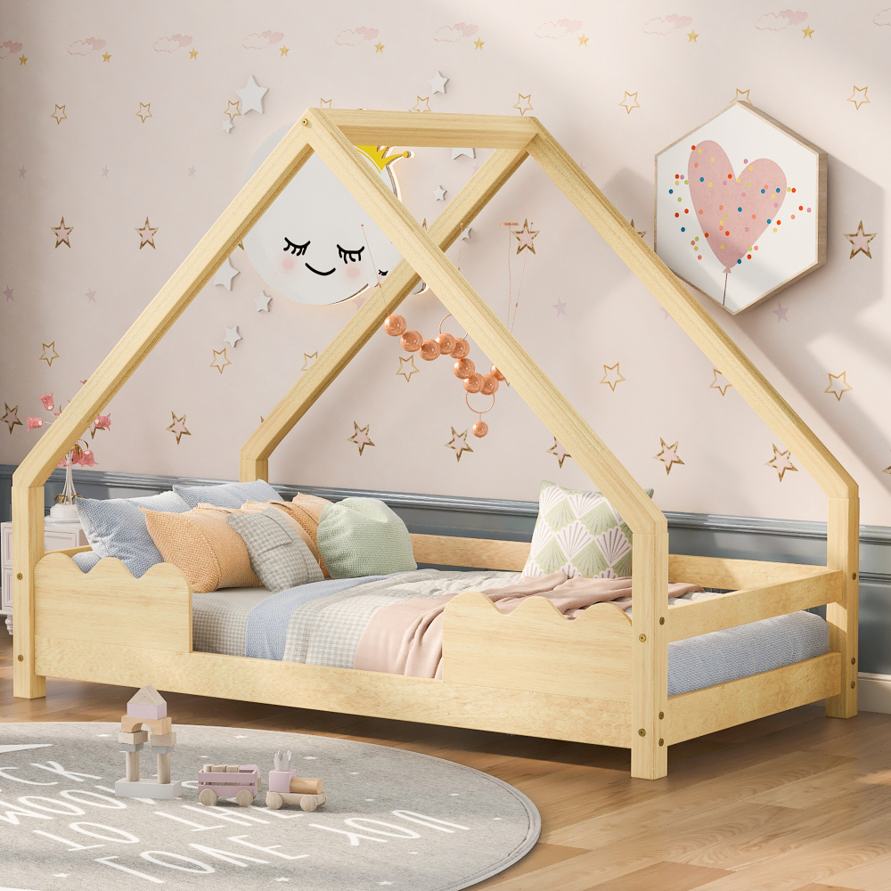 Cama infantil casita 90x200cm con barandilla y somier madera maciza natural
