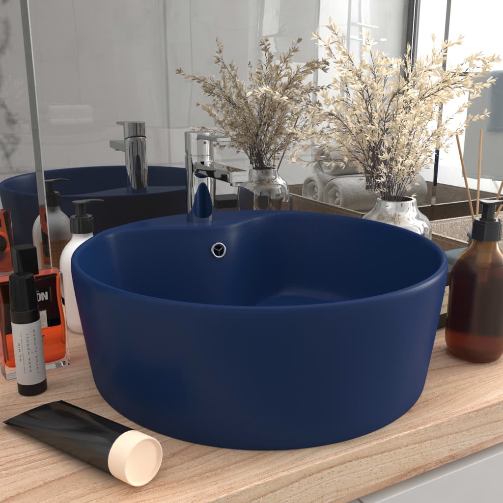 Lavabo lujo con rebosadero cerámica azul oscuro mate 36x13 cm es2894