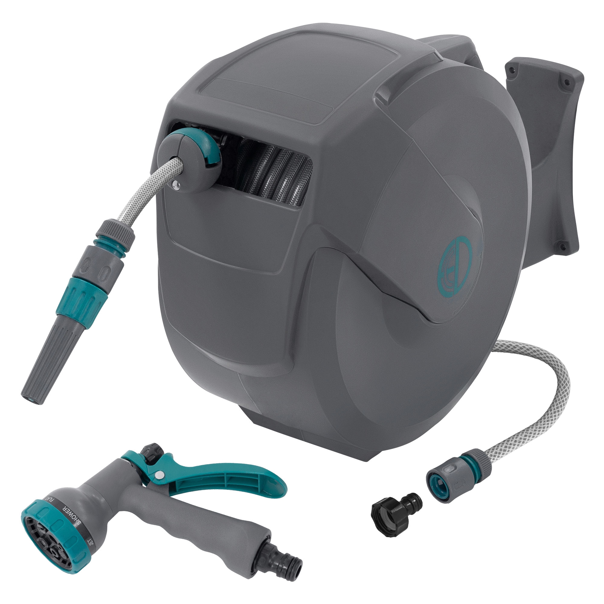 Carrete de manguera extensible 20m PVC gris con bloqueo y 9 funciones
