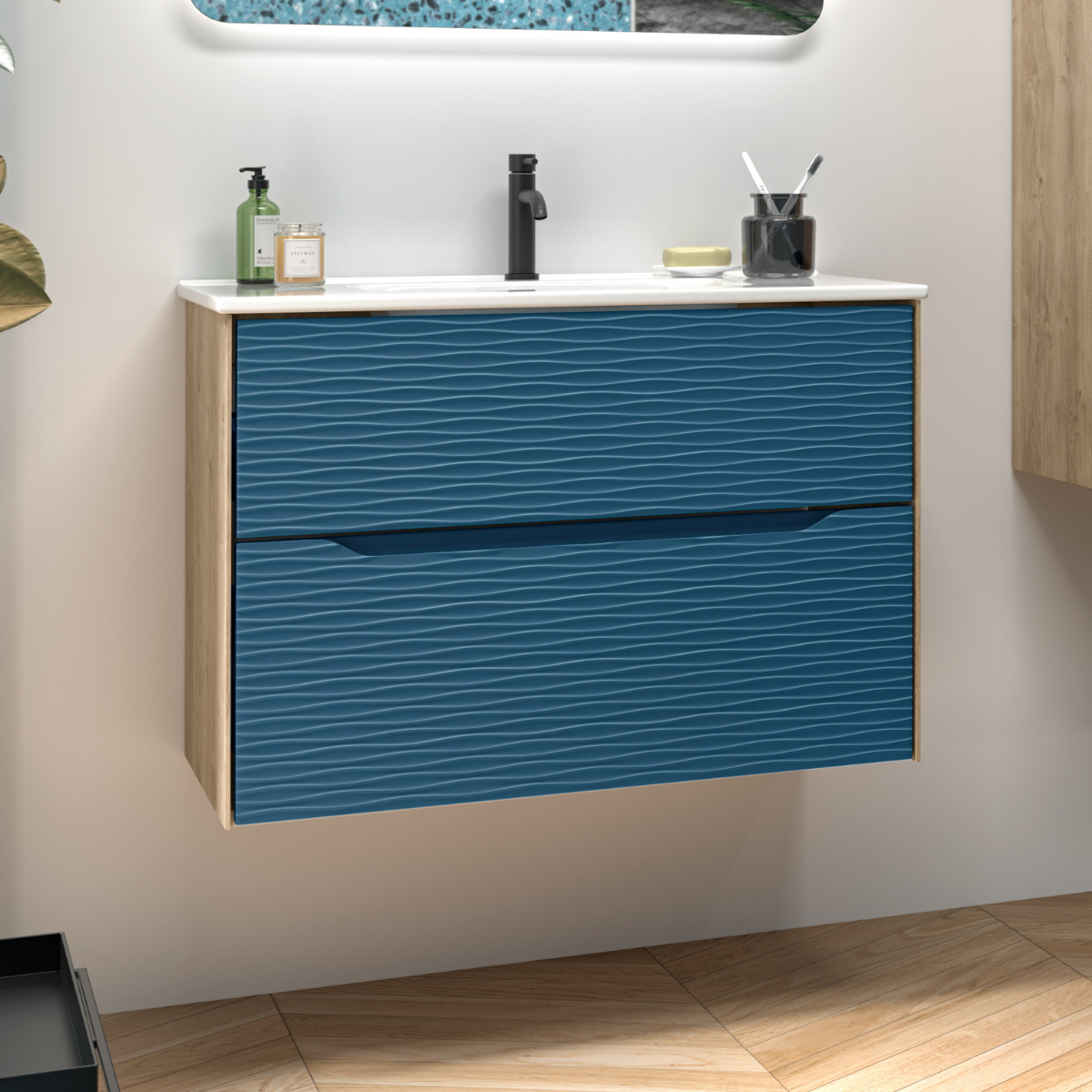 Mueble baño suspendido con lavabo cerámico | roble natural - blue | 80cm