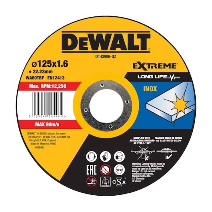 Disco de corte para inox 125 x 22.2 mm grueso 1,6 mm con buje plano - dewal