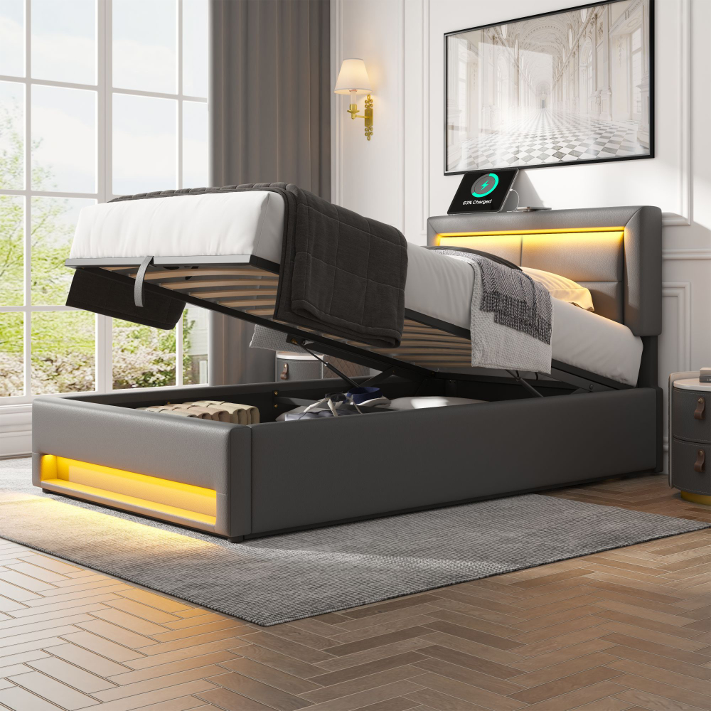 Cama tapizada 90x200cm con canapé hidráulico, usb y LED pu – gris