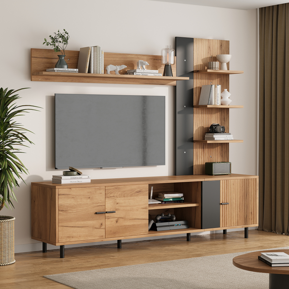 Mueble de tv con 3 armarios y estantes abiertos negro madera 167x187,5x40cm