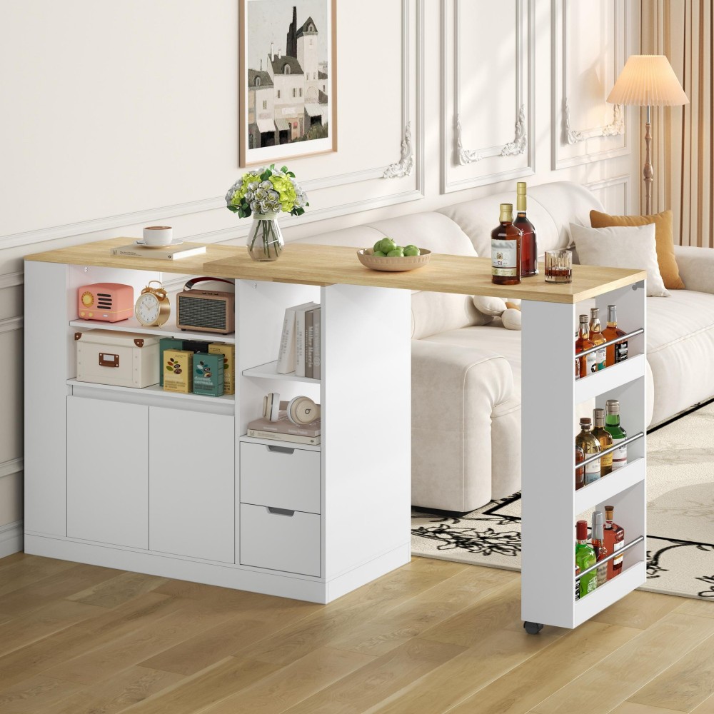 Isla de cocina giratoria extensible 2 cajones blanco+natural 92x115x50cm