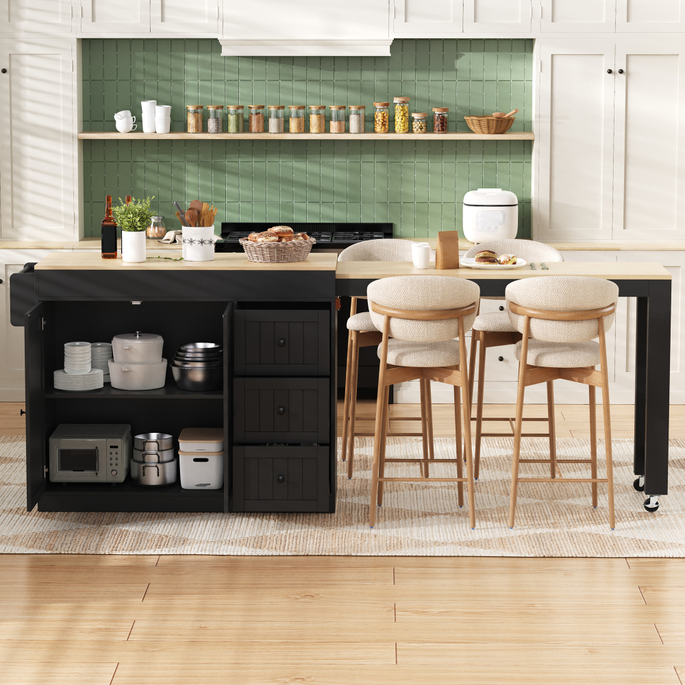 Isla de cocina con encimera extensible y 3 cajones negro 93x112-186,8x45cm