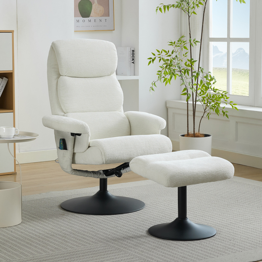 Sillón relax reclinable de chenilla blanco masaje, calefacción y reposapiés