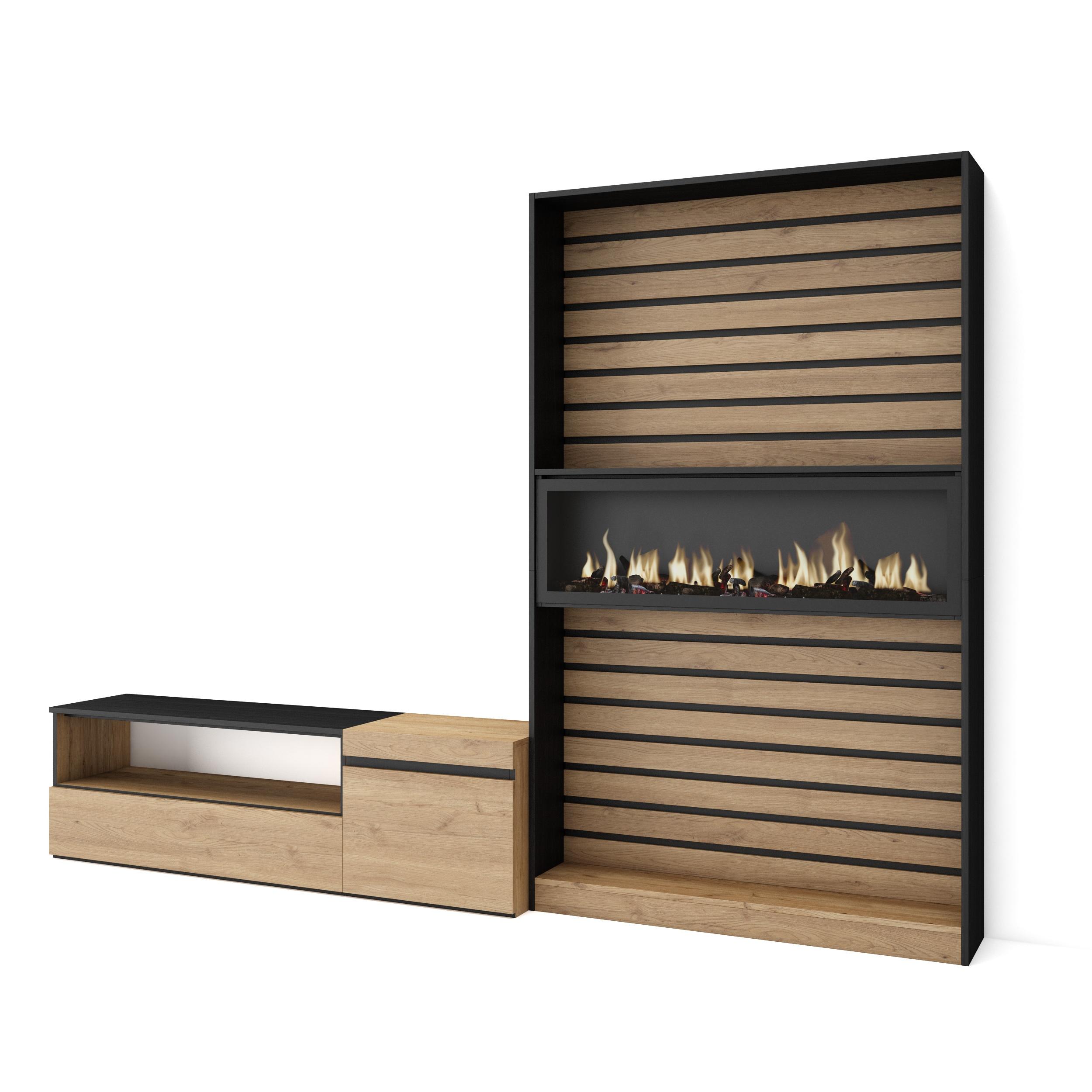 Muebles salón, 260x35x186cm, roble y negro, chimenea eléctrica xxl rf2537