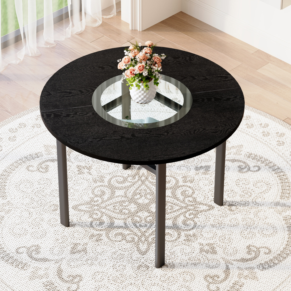 Mesa de comedor redonda para 2 a 4 personas negra con cristal y metal 100cm