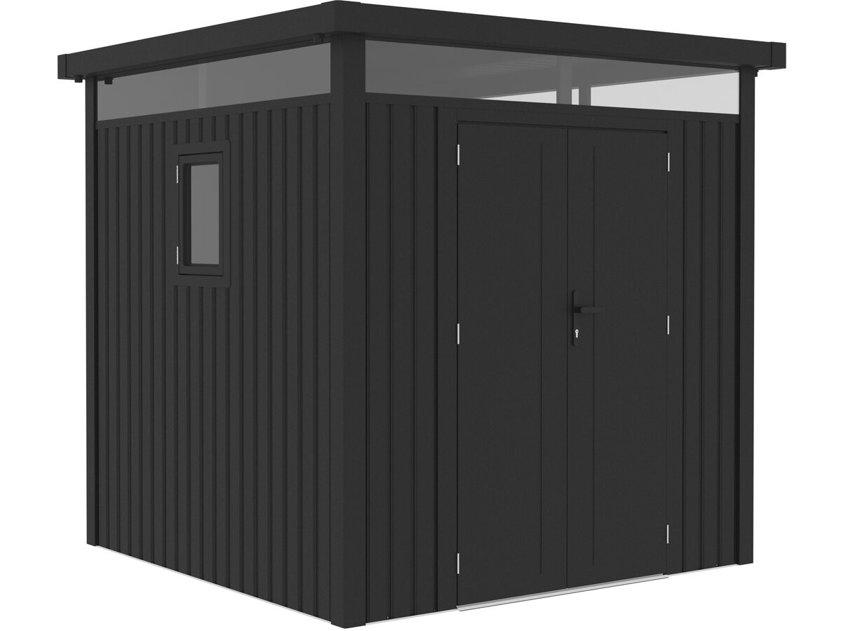 Caseta de jardín de metal de alta gama con techo plano y puerta batiente <<