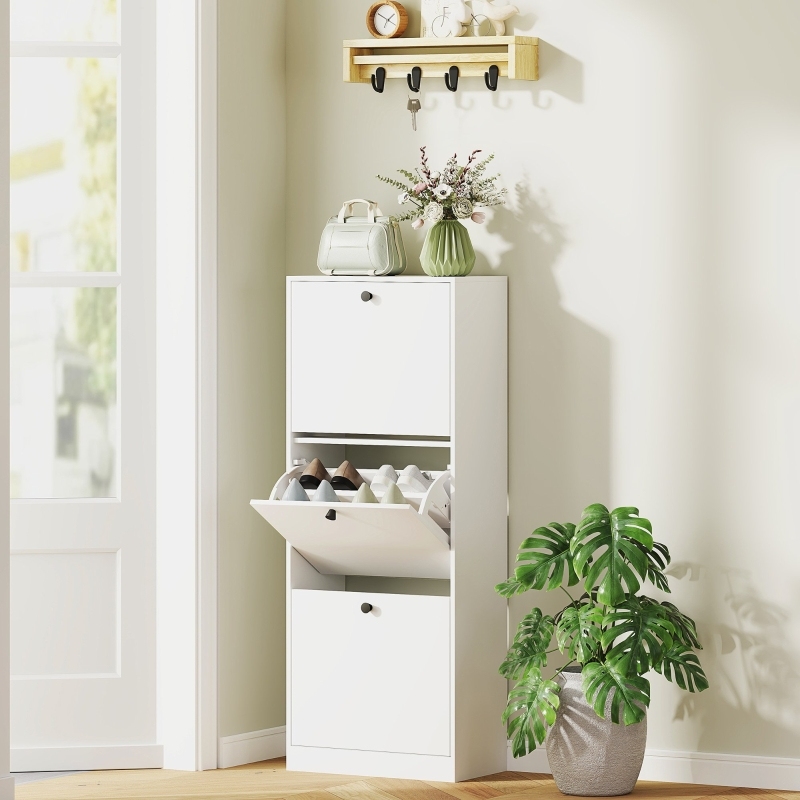 Zapatero estrecho con 3 compartimentos abatibles blanco 120x47x26cm