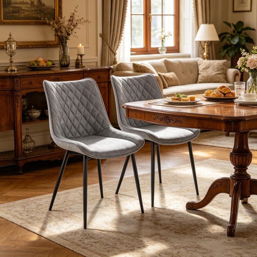 Conjunto de 2 sillas de comedor tapizadas gris cuero con patas metálicas