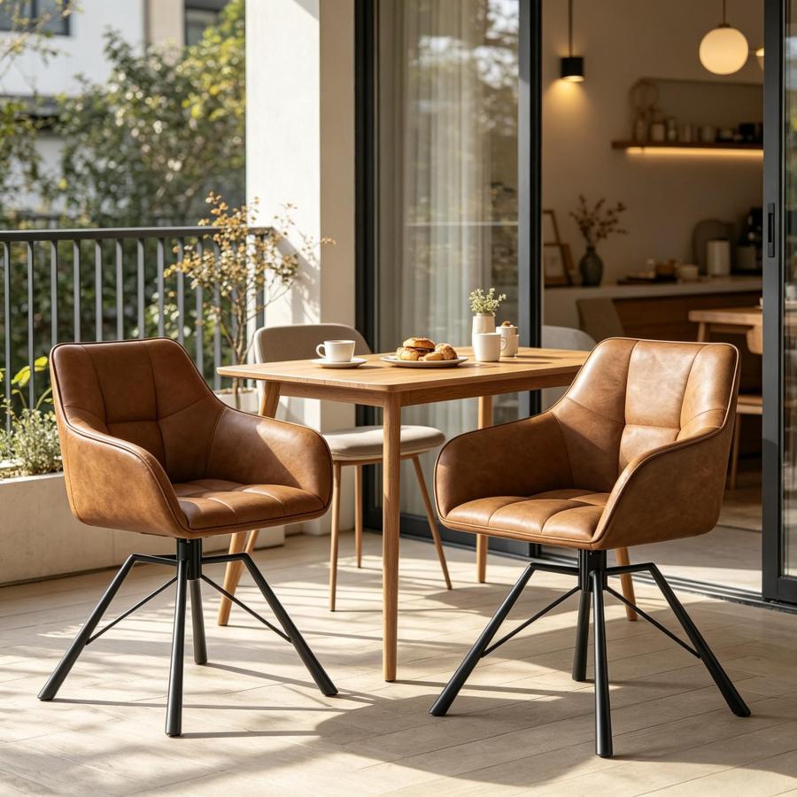 Silla comedor giratoria piel sintética marrón claro reposabrazos set 2