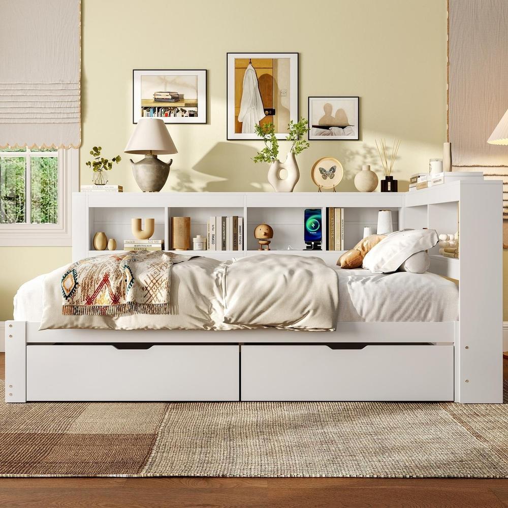Cama diurna 140x200cm aglomerado con 2 cajones y puerto usb blanco