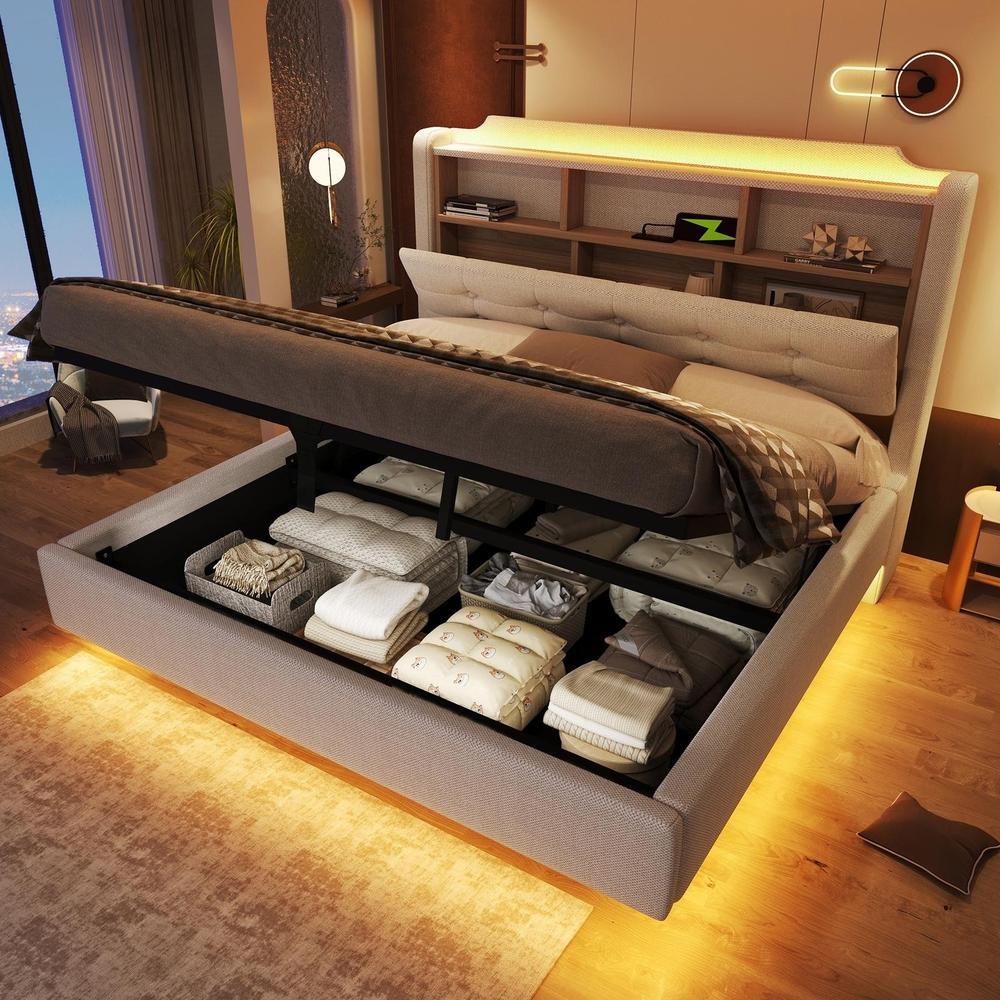 Cama tapizada 140x200cm con almacenamiento hidraulico y luz LED beige