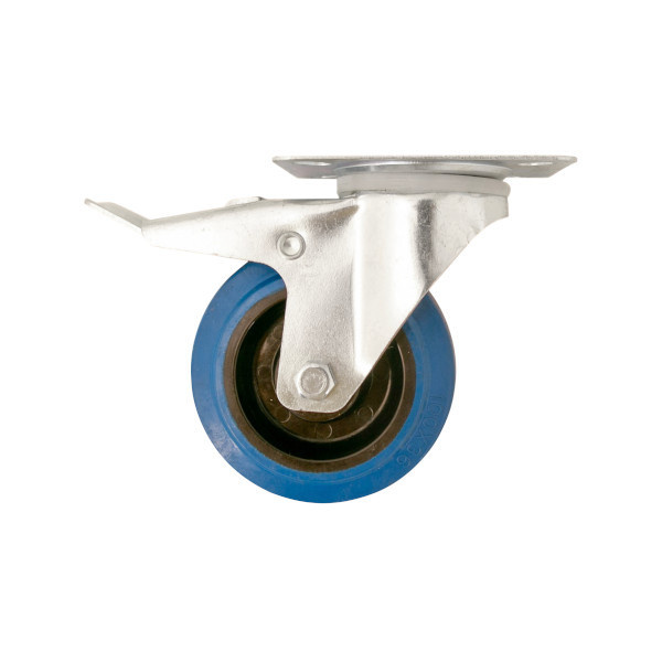 Rueda giratoria ø 10 cm con pletina y freno azul