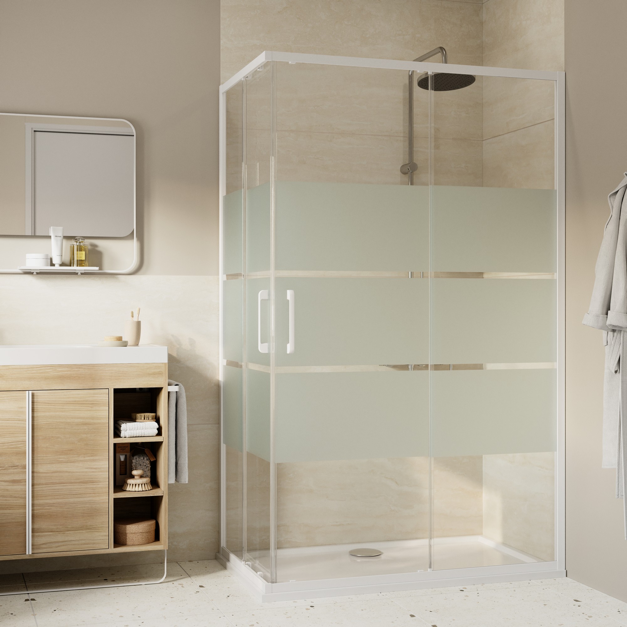 Mampara rectangular blanco con cristal serigrafiado 70x120cm Odalia
