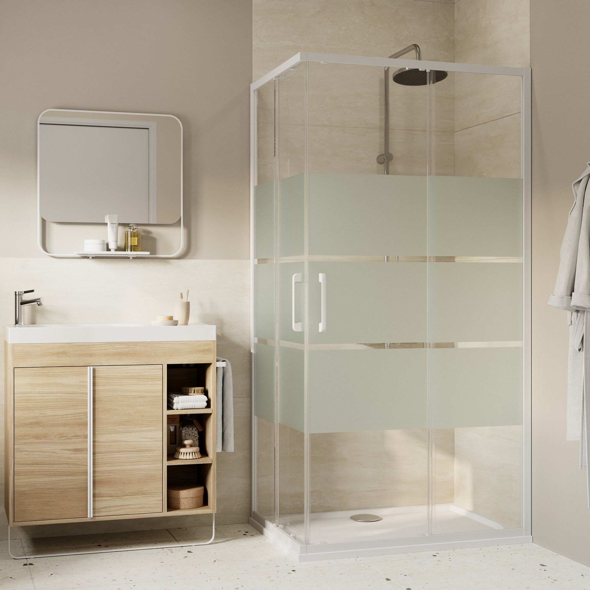 Mampara rectangular blanco con cristal serigrafiado 70x100cm Odalia