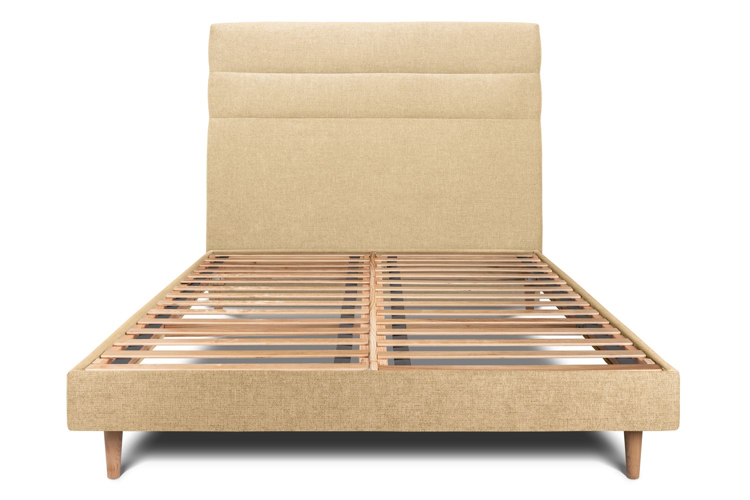 Cama 135x190 cm con cabecero en línea - tejido lienzo mate - amarillo