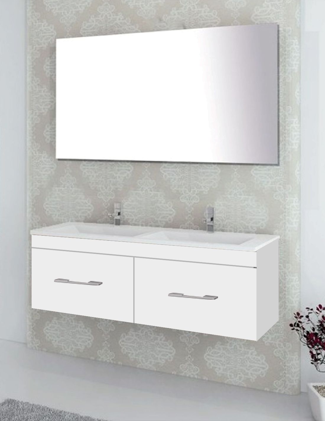 Mueble de baño florencia con lavabo dos senos y espejo 120x45cm blanco