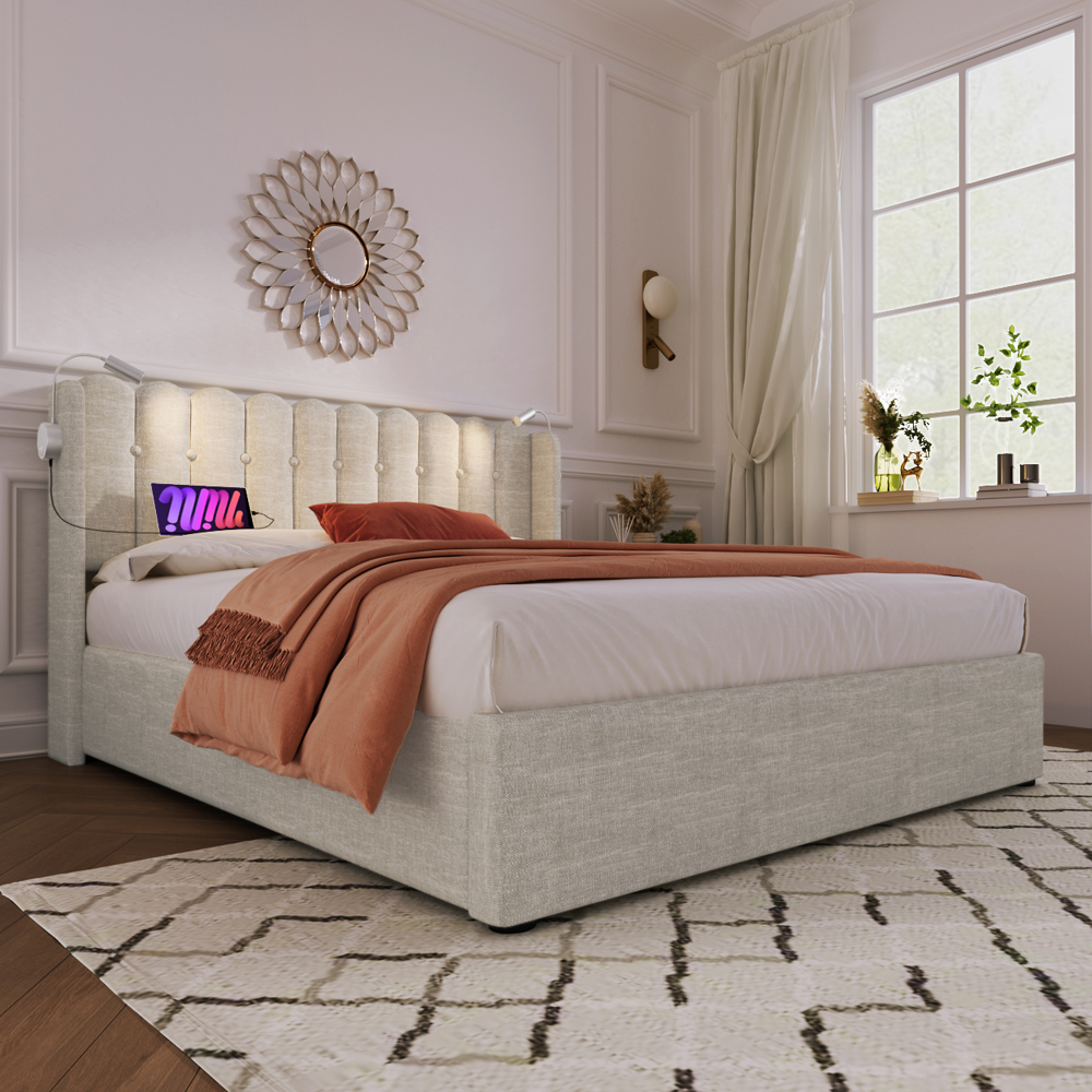 Cama tapizada 140x200cm con canapé, luz de lectura y usb lino – natural