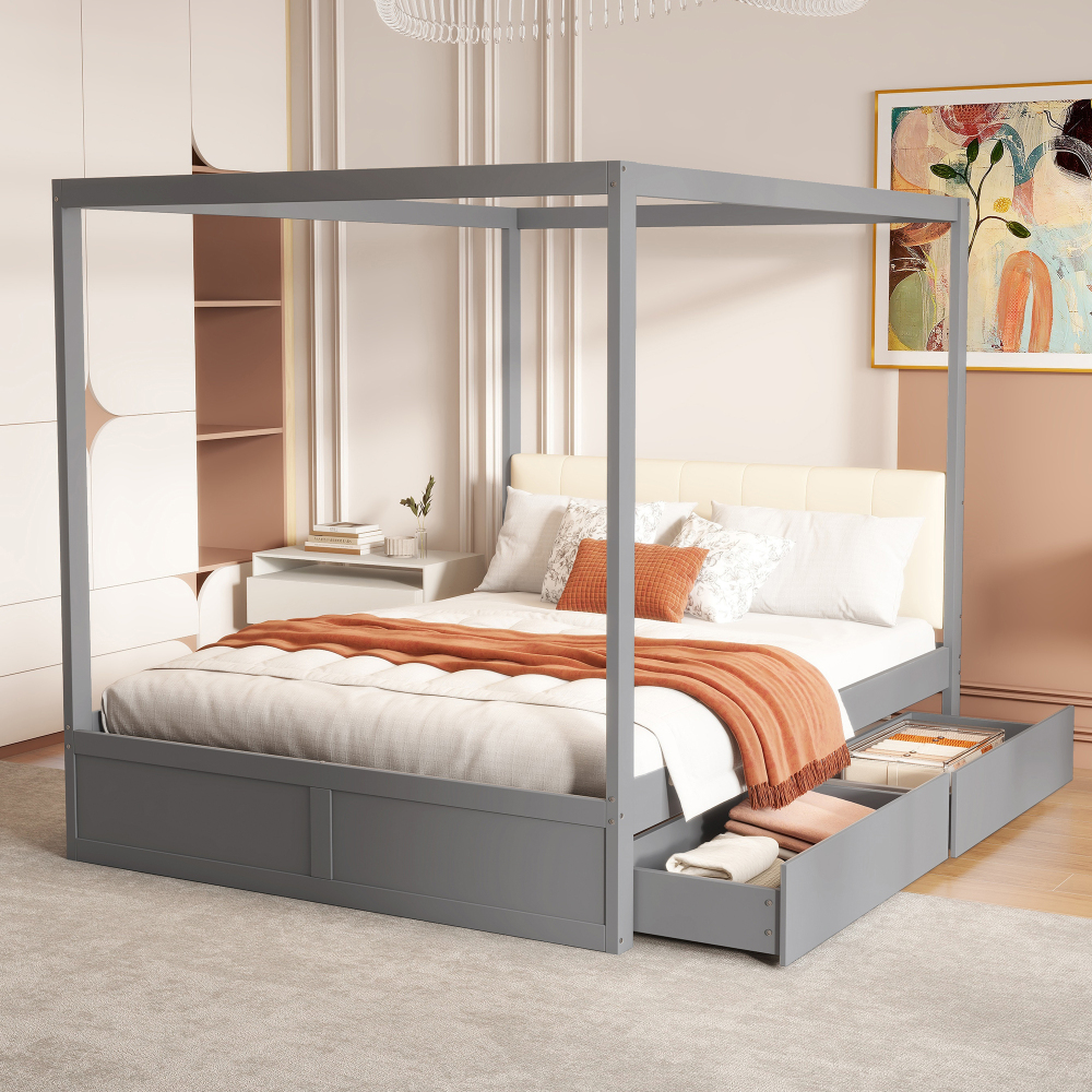 Cama doble 140x200cm con postes, cajones y cabecero acolchado madera – gris