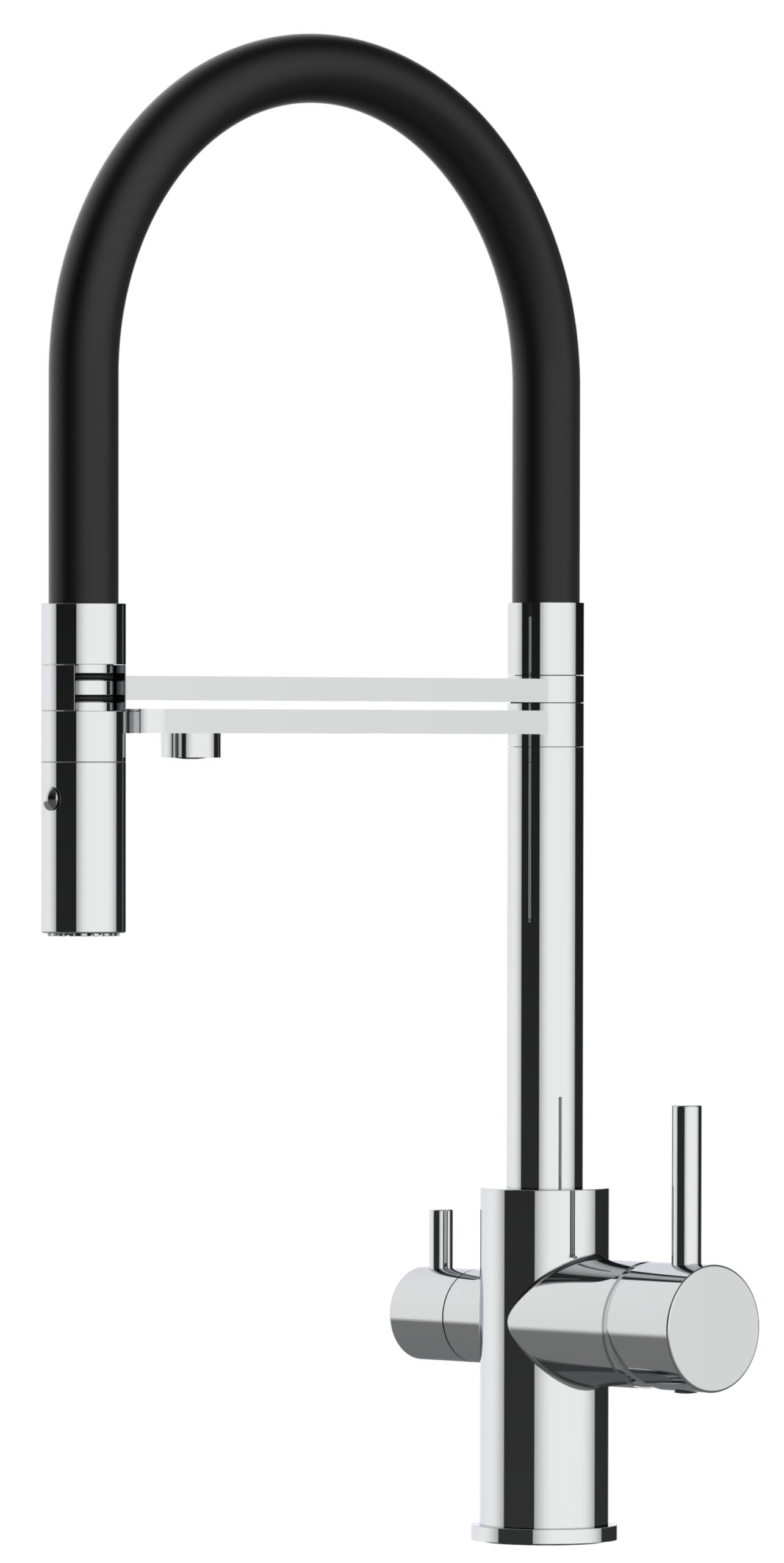 Grifo de cocina 3 vías cromado Serie FL caño negro flexible ducha 2chorros