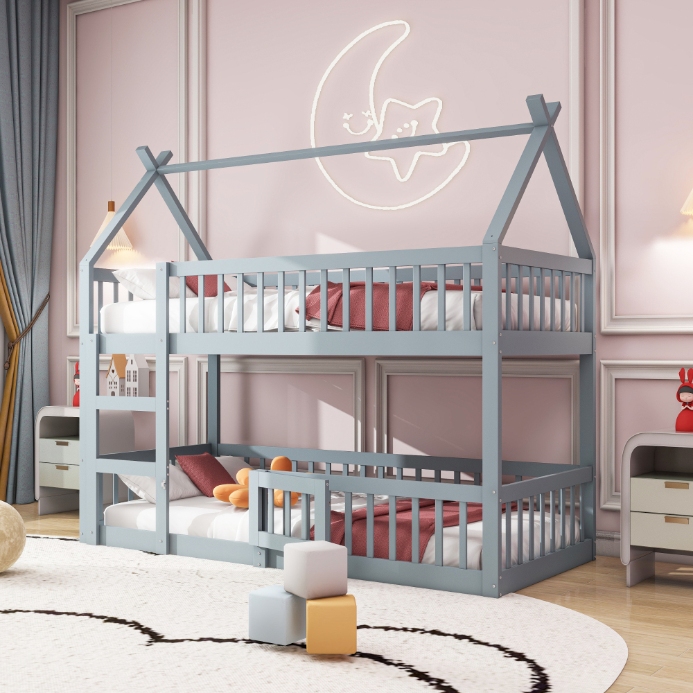 Cama alta 90x200cm con escalera y barandilla madera maciza – gris