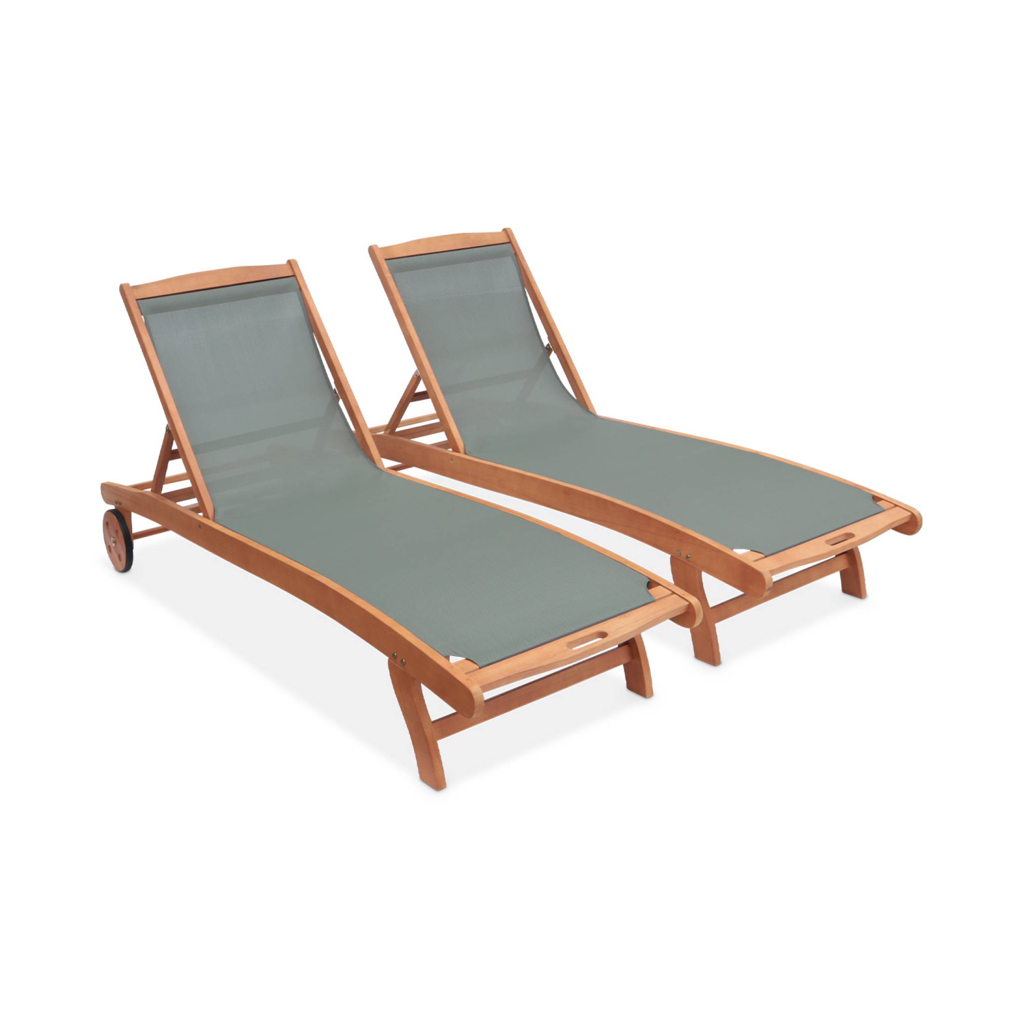 Tumbona de madera multiposición con ruedas, set de 2 verde kaki 196x68x91