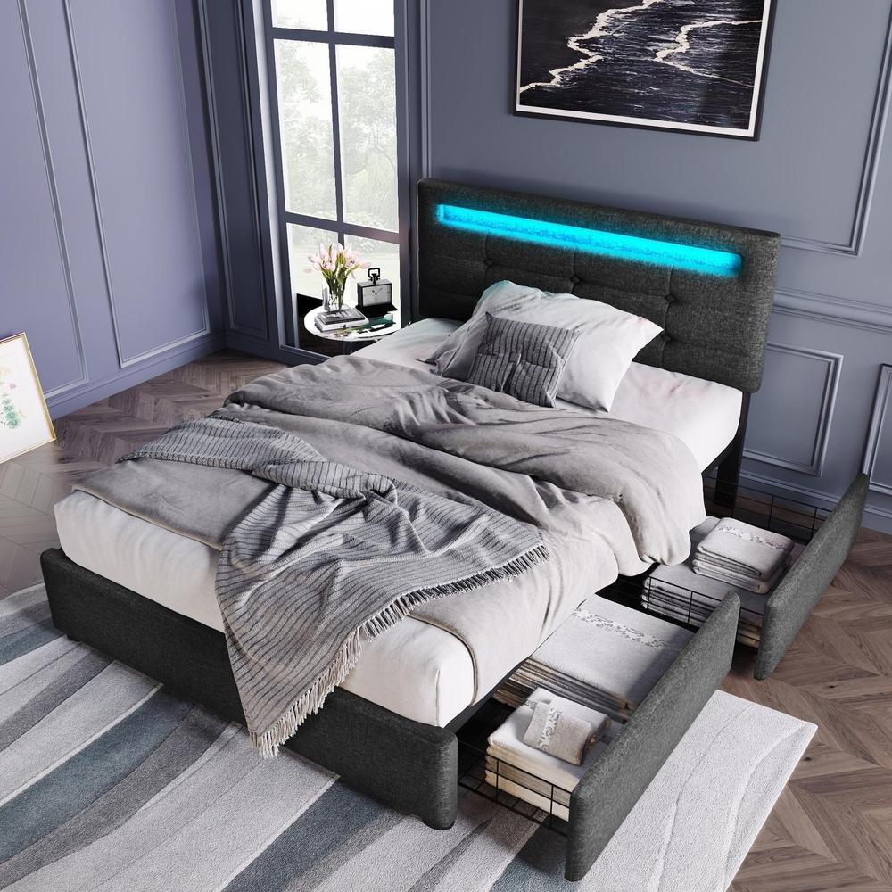Cama individual 90x200cm con LED y 2 cajones gris