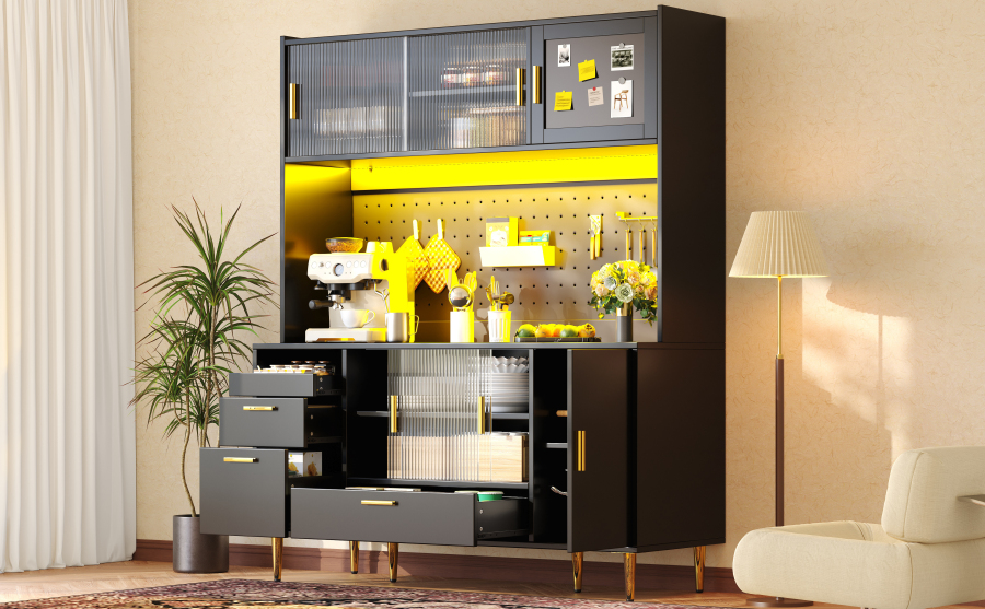 Aparador para cocina y comedor con LED negro 180x140x40cm