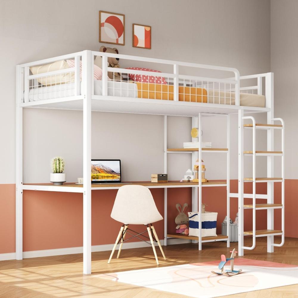 Cama alta metálica 90x200cm con escalera, escritorio y estantes blanco