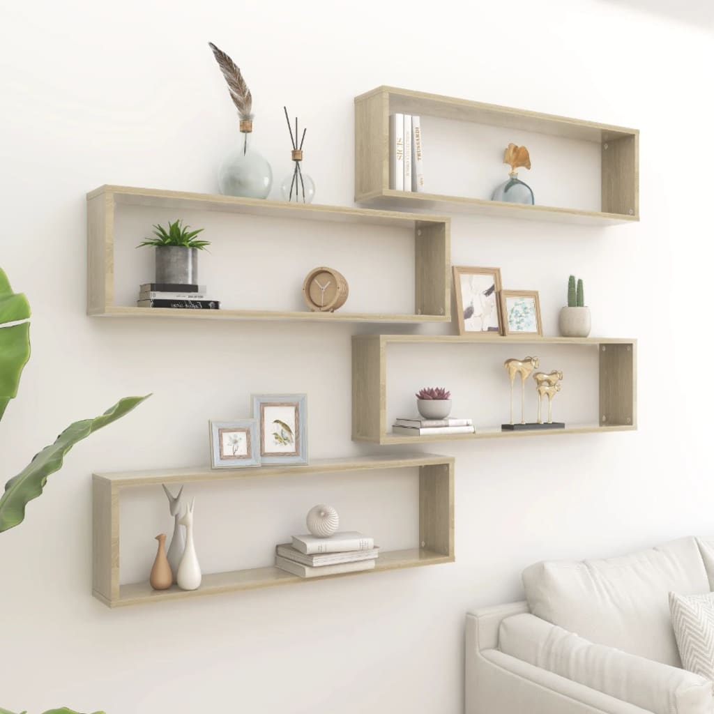Estantes cubo pared 4uds contrachapado roble sonoma 100x15x30cm