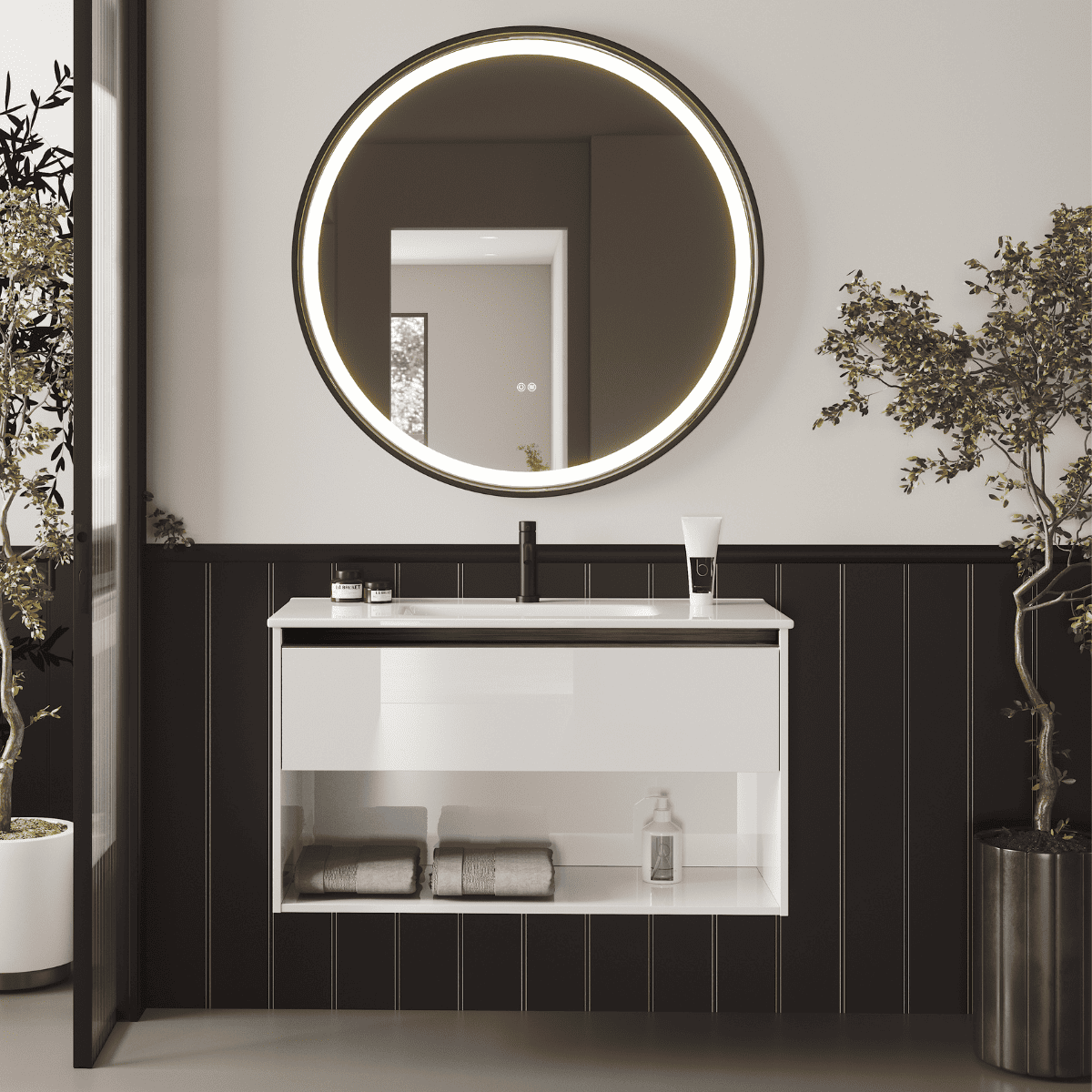 Mueble de baño con lavabo | 1 cajón 1 hueco | 100 cm blanco tirador negro