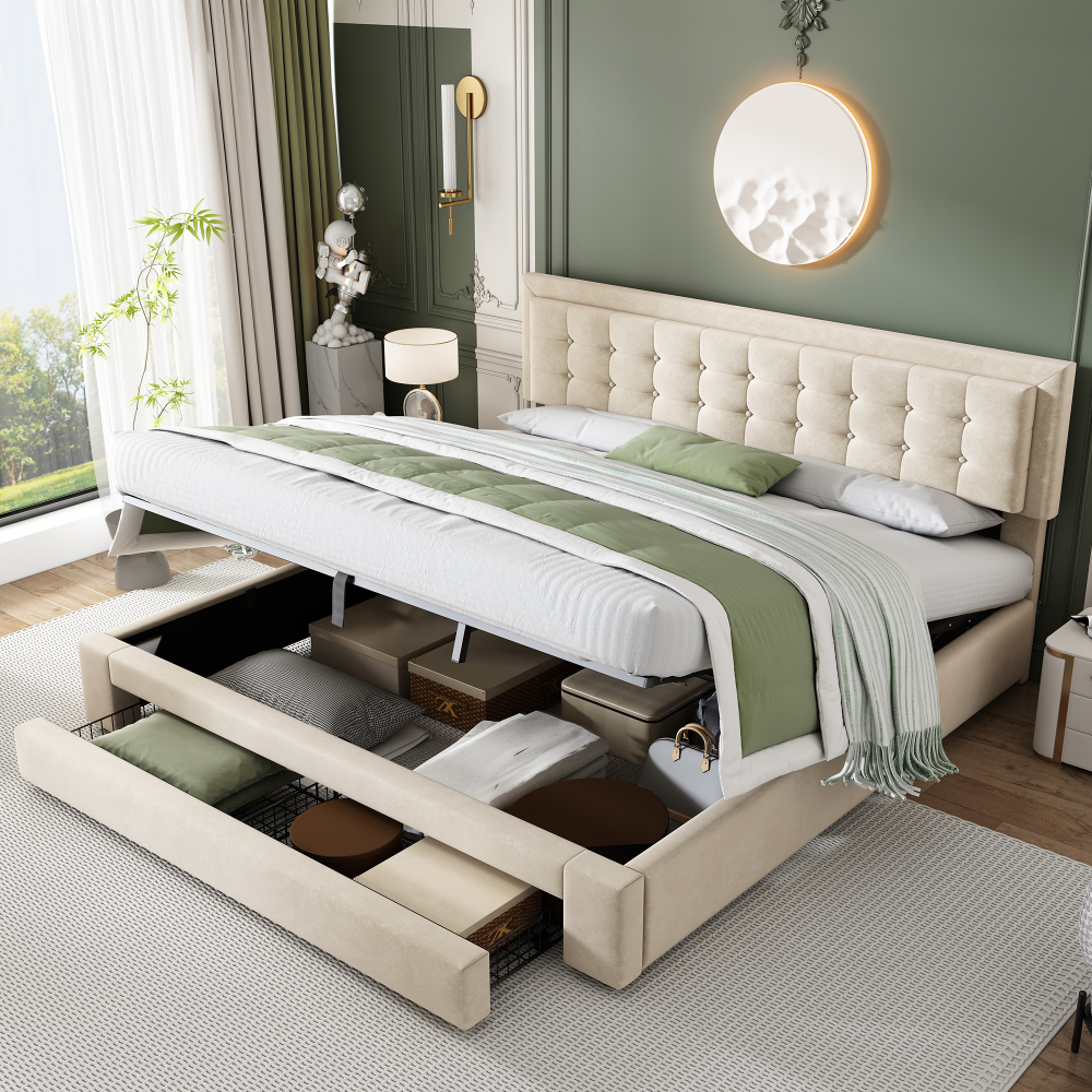 Cama tapizada 160x200cm con canapé y cabecero ajustable terciopelo – beige