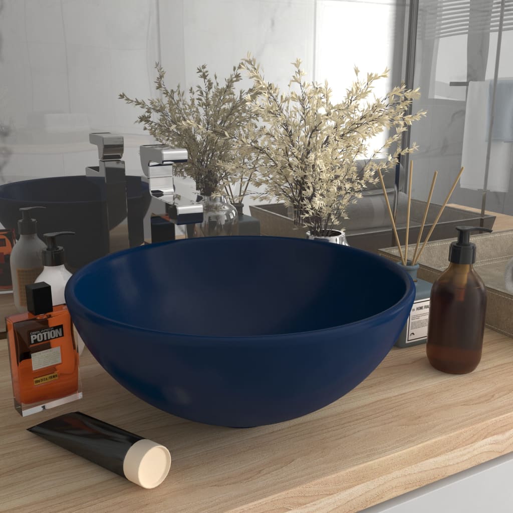 Lavabo de lujo redondo cerámica azul oscuro mate 32,5x14 cm es8643