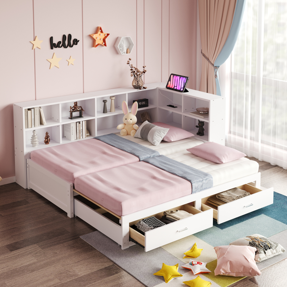 Sofá cama extensible 90/180x190cm con almacenaje y enchufe madera – blanco