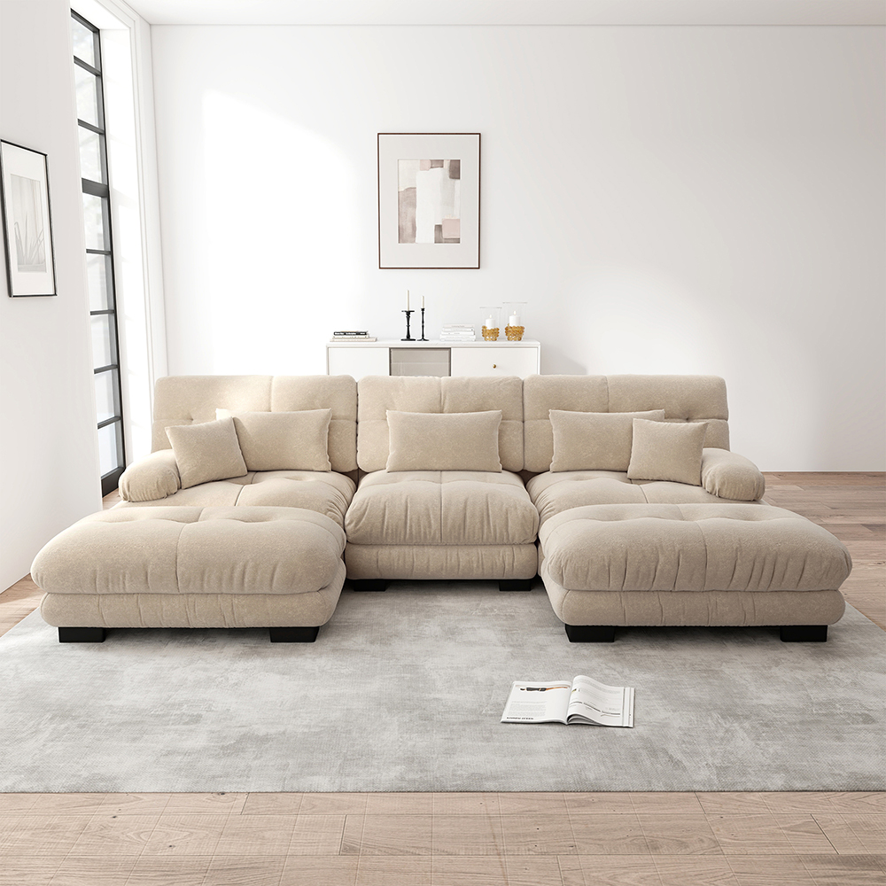 Sofá en forma de u, reposapiés, tejido afelpado, beige