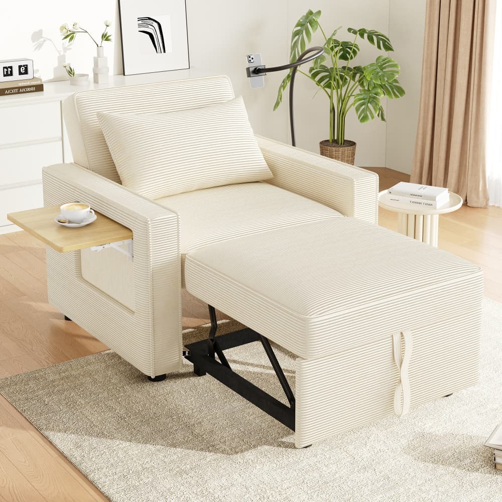 Sillón plegable pana beige convertible en cama usb c soporte móvil