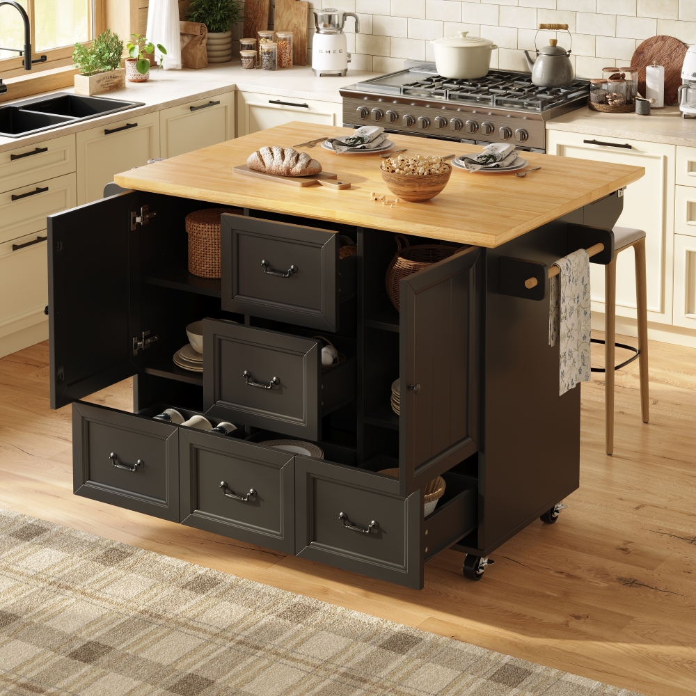 Isla de cocina plegable con 2 puertas y 5 cajones negro 93x120x45cm