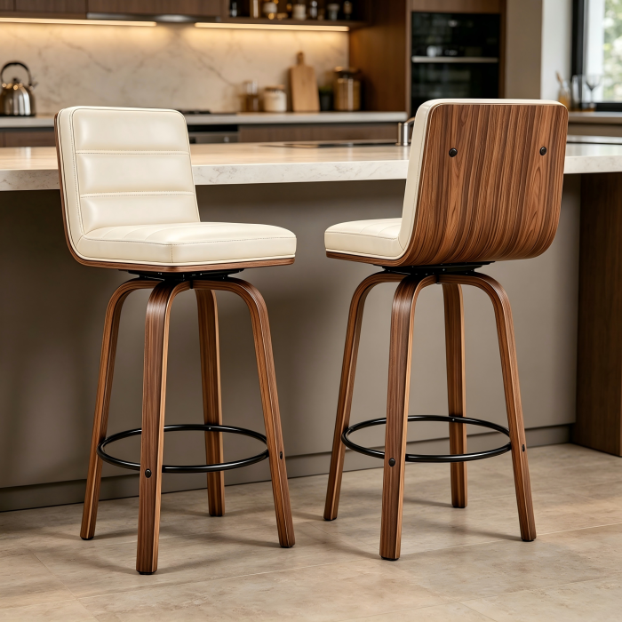 Taburete de bar giratorio de piel sintética crema con patas de madera