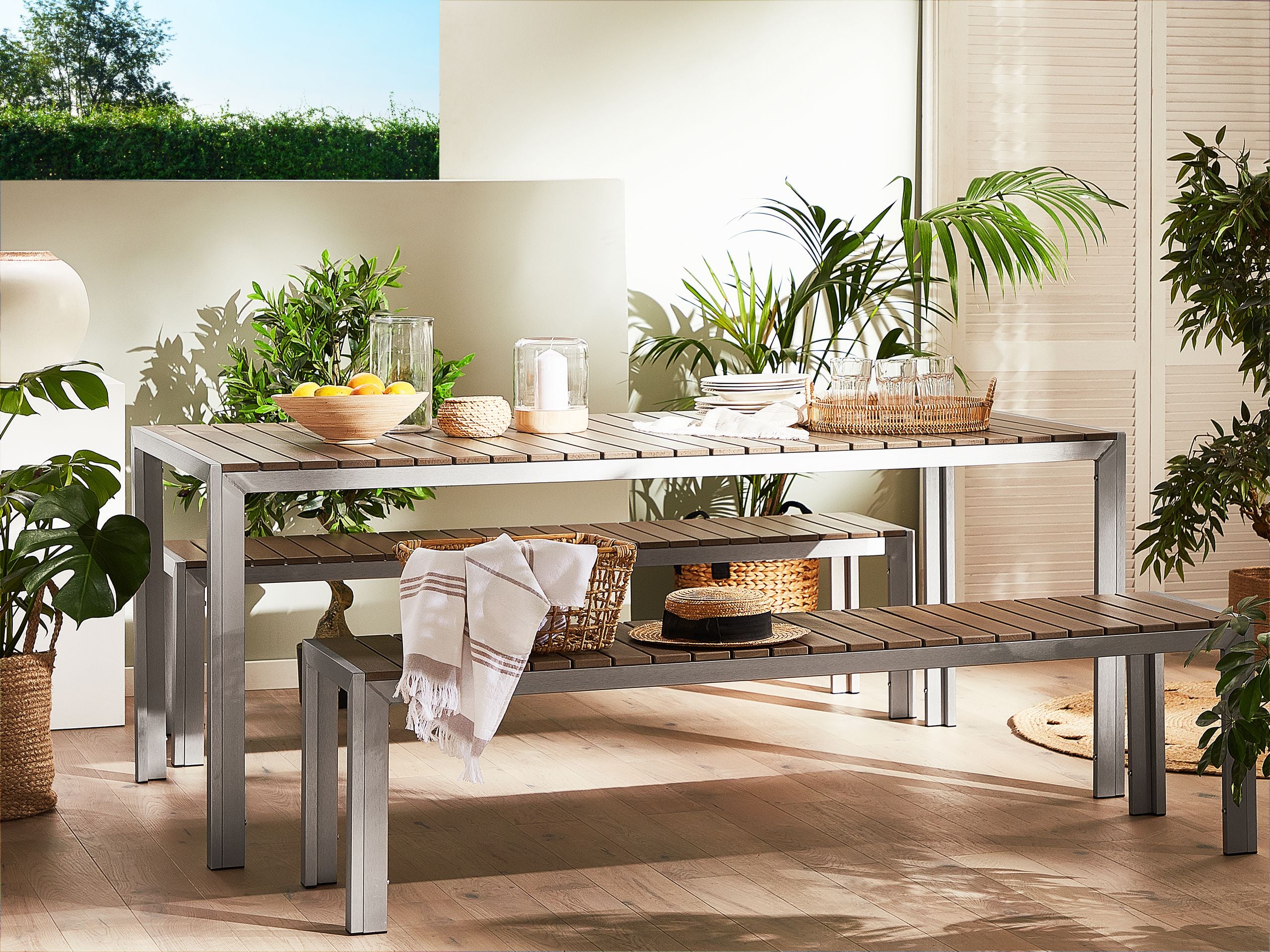 Conjunto de comedor exterior con bancos 6 plazas nardo marrón