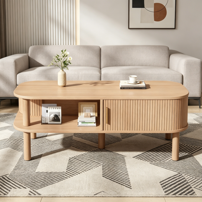 Mesa de centro con puerta corredera y almacenaje 5 patas nogal 45x110x55cm
