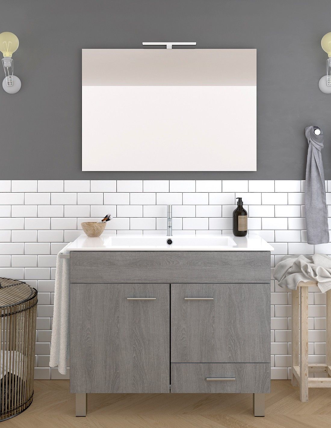 Mueble de baño samos, lavabo dos senos y espejo 120x45cm roble smoky