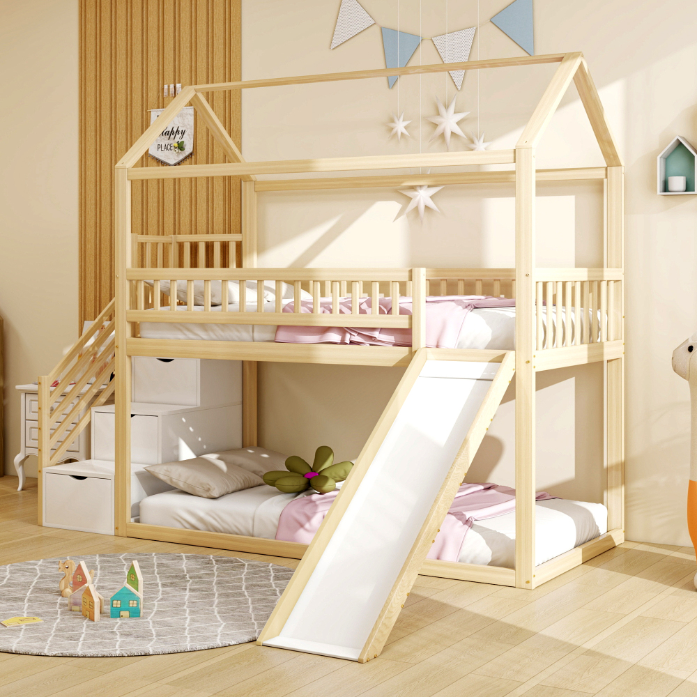 Cama alta 90x200cm, tobogán, escalera con almacenaje, madera natural