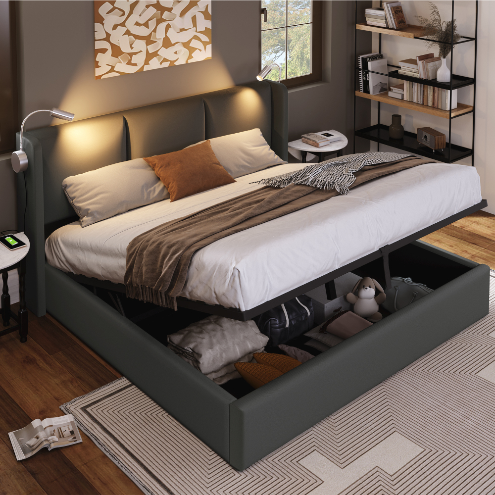 Cama tapizada 140x200 cm con canapé, luz de lectura y usb pu – color gris