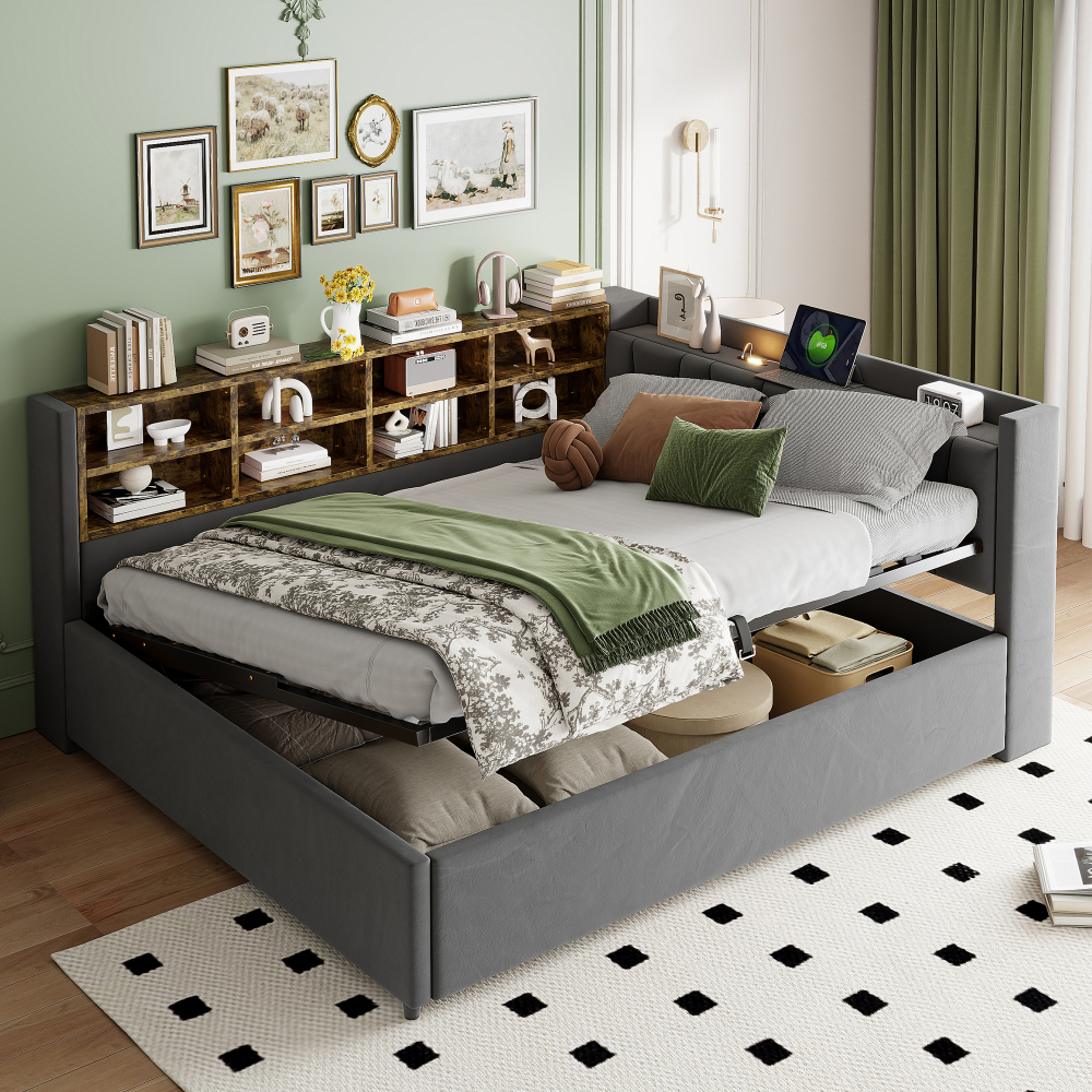 Cama tapizada 140x200cm con canapé, luz y usb-c terciopelo gris oscuro